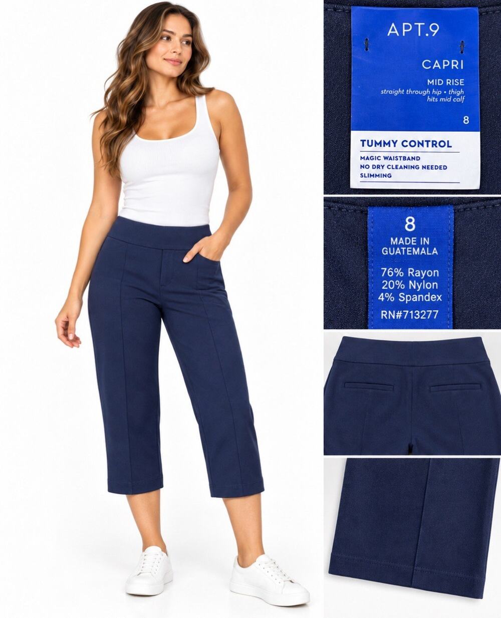 Office Apt 9 Women's Mid Rise Straight Capri Pants Size 8 Navy Tummy Control NWT